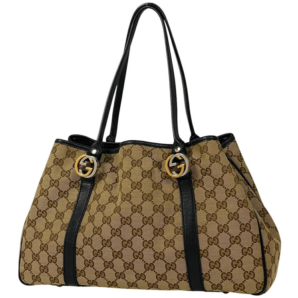 Gucci GG Tote Bag Shoulder Handbag Twins Canvas Brown Black